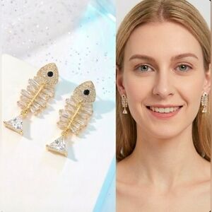 Gold-plated Crystal Fishbone Earrings With Silver Post For Sensitive Ears